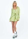 Matching set Button front fastening Oversized shirt Single-button cuff High waisted shorts  Drawstring waistband