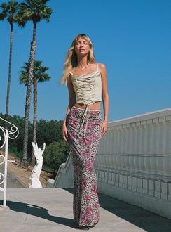 Front view of model wearing  front Princess Polly Sleeveless High Neck  Anglers Lace Up Corset Top Beige