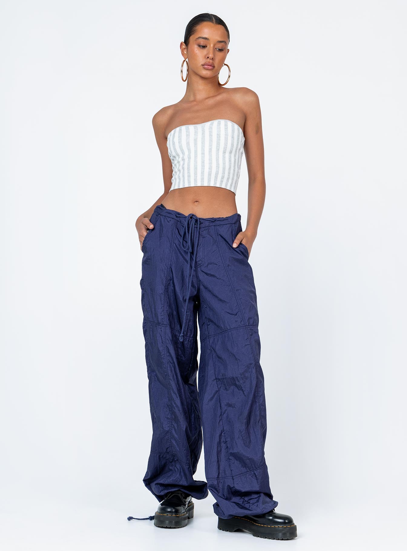 front view of model wearing Princess Polly Tarian Top Grey Stripe Sleeveless Sweetheart 