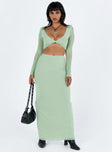 Green matching set Sheer mesh material Long sleeve top V neckline Silver-toned clasp fastening at bust Maxi skirt Elasticated waistband Good stretch Partially lined