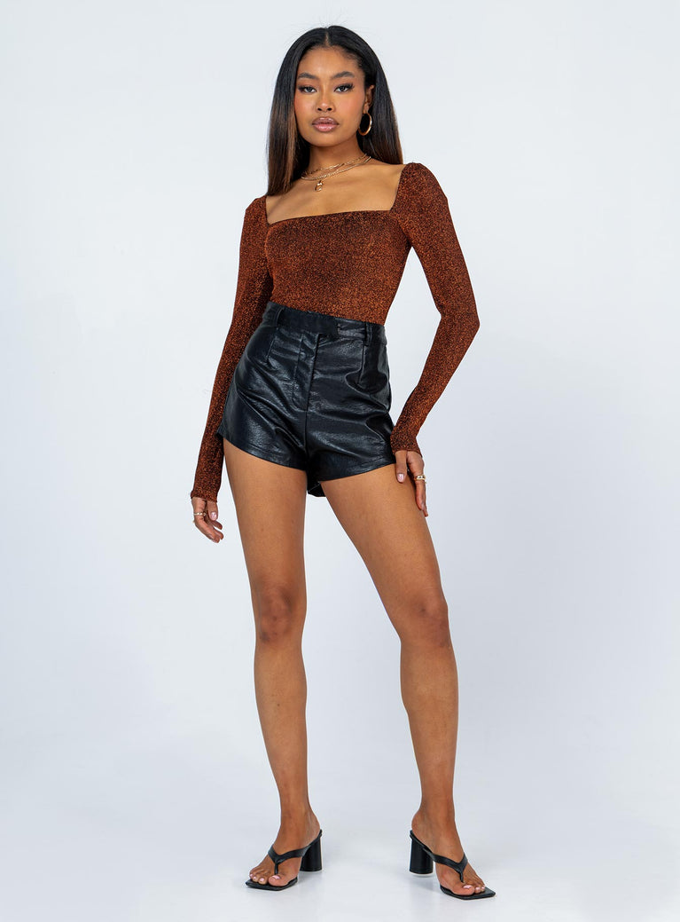 front view of model wearing Princess Polly Charlotte Bodysuit Brown Glitter Full Sleeves Square Neck 