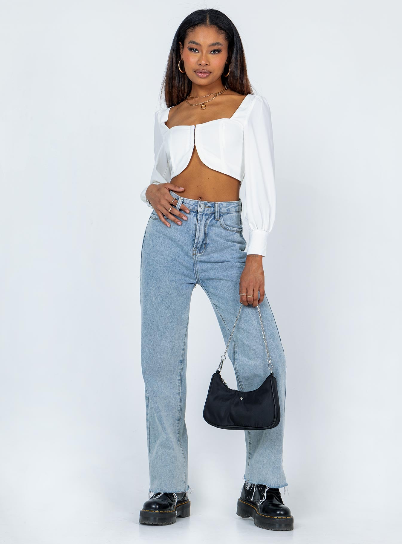 product Princess Polly Three Fourth Sleeves High Neck  Della Long Sleeve Top White