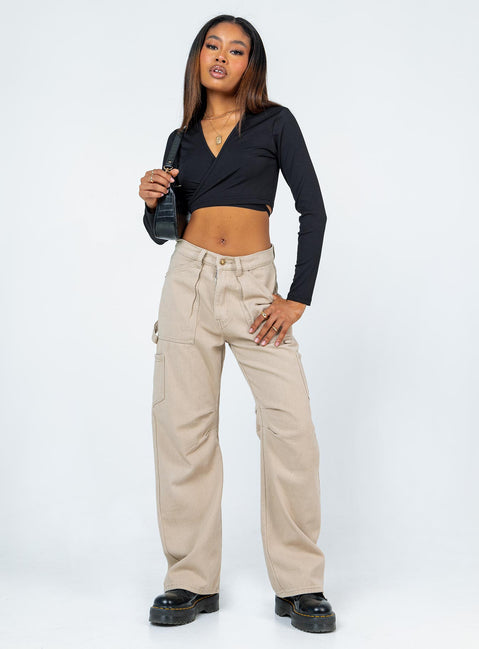 front view of model wearing Princess Polly Evren Long Sleeve Top Black 