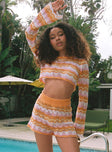 Matching set Sheer crochet material  Striped print Long sleeve crop top Flared sleeves  High waisted shorts Elasticated waistband