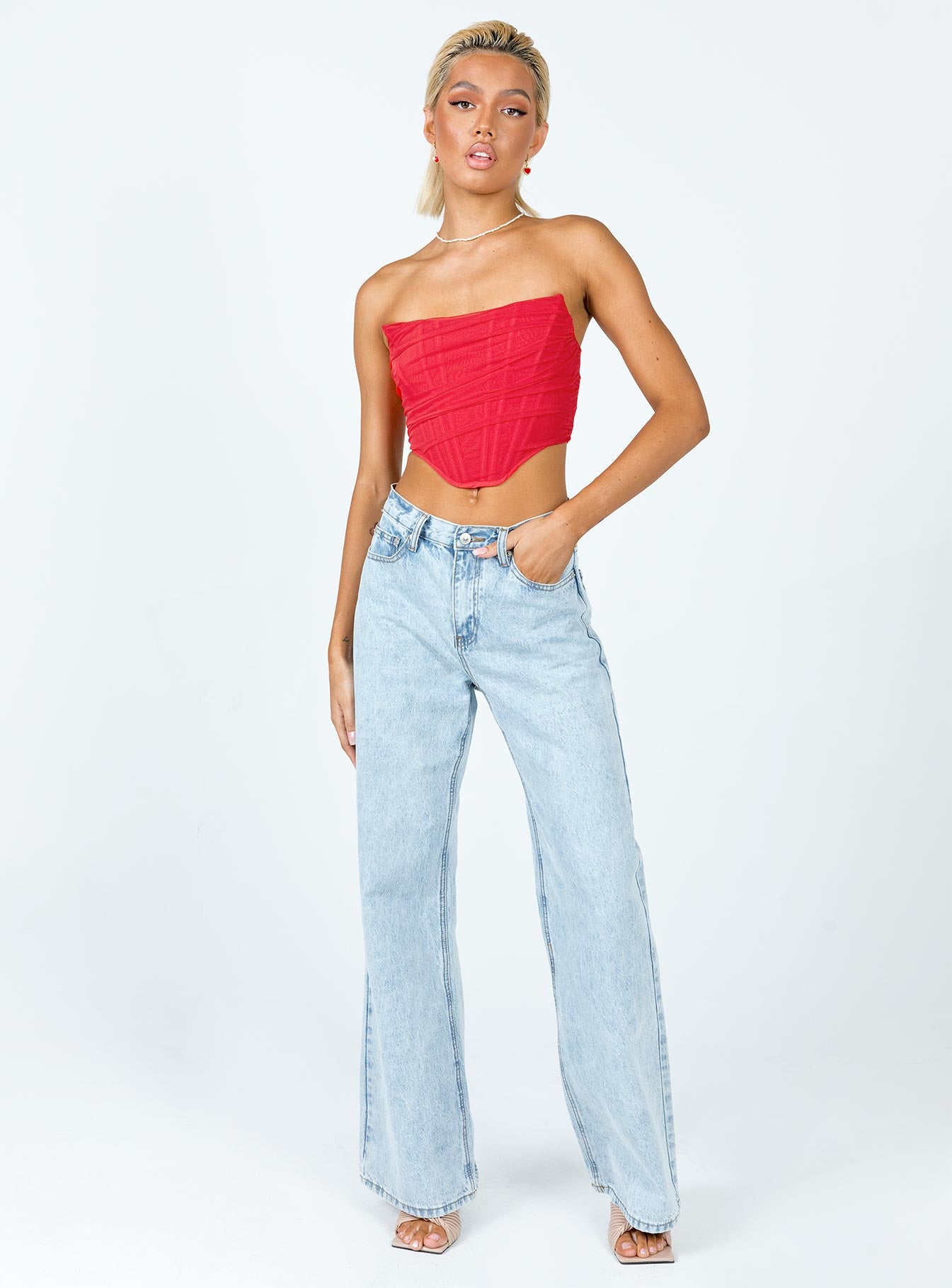 front view of model wearing Princess Polly Avery Bustier Red 