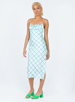 front view of model wearing Princess Polly Kirra Midi Dress Green / Blue 