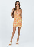 Front view of model wearing  front Princess Polly Crew Neck  Motel Leana Dress Ditsy Tangerine Yellow