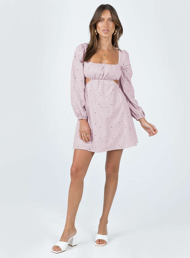 Front view of model wearing  front Princess Polly Square Neck  Xali Long Sleeve Mini Dress Pink