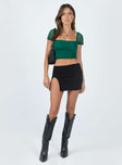 front view of model wearing Princess Polly City Lights Crop Top Green Short Sleeves Square Neck 