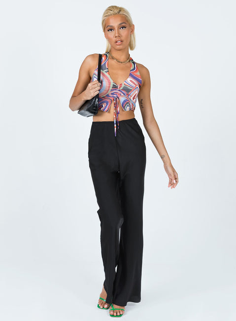 front view of model wearing Princess Polly Jhene Satin Pants Black 