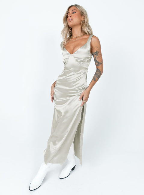front view of model wearing Princess Polly Kurt Maxi Slip Maxi Dress Champagne V-Neck 