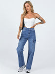 Front view of model wearing  front Princess Polly High Waisted  Pimaga Denim Cargo Jeans