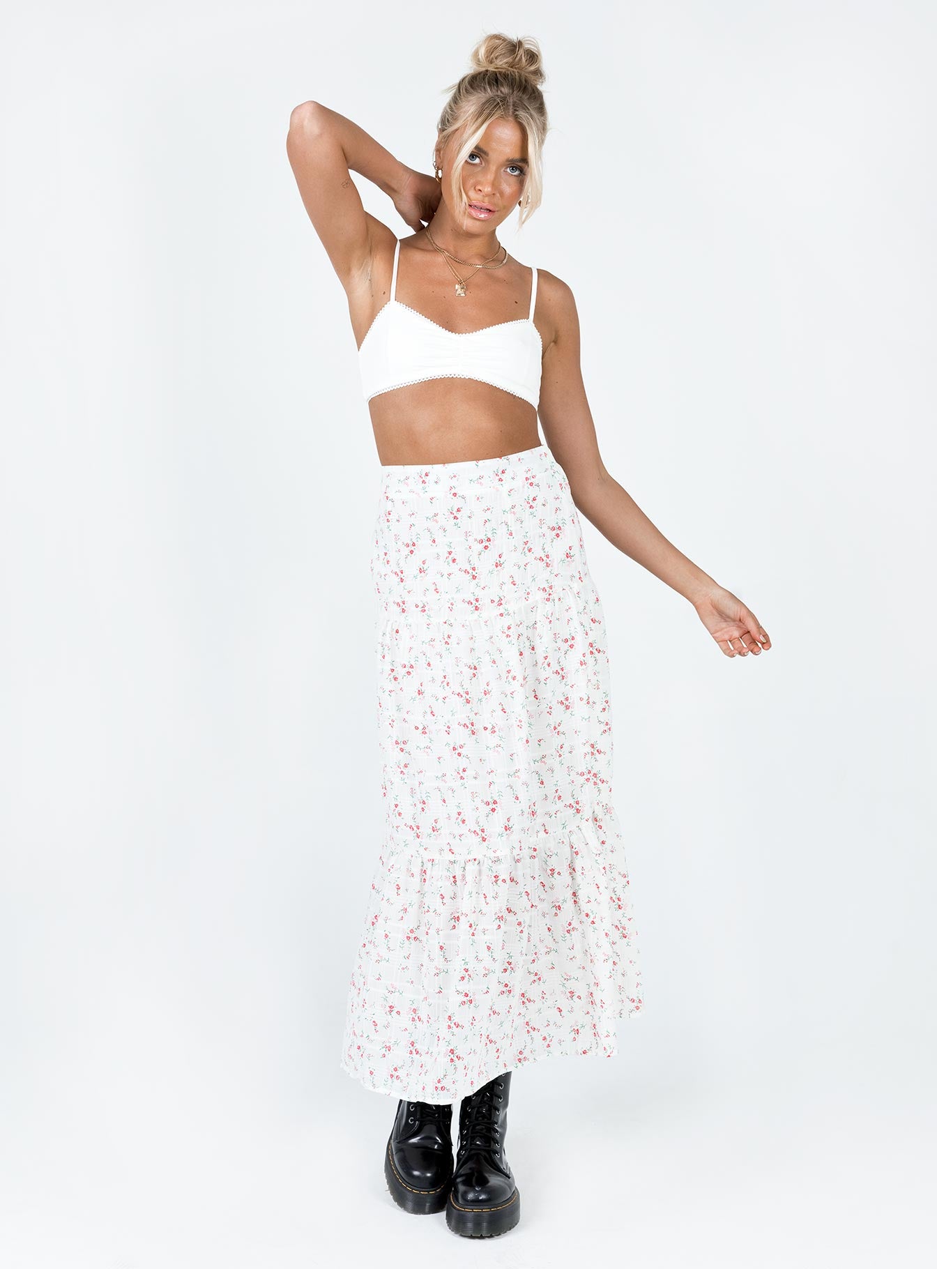  front view of model wearing Princess Polly Athena Maxi Skirt White / Pink Floral Maxi 