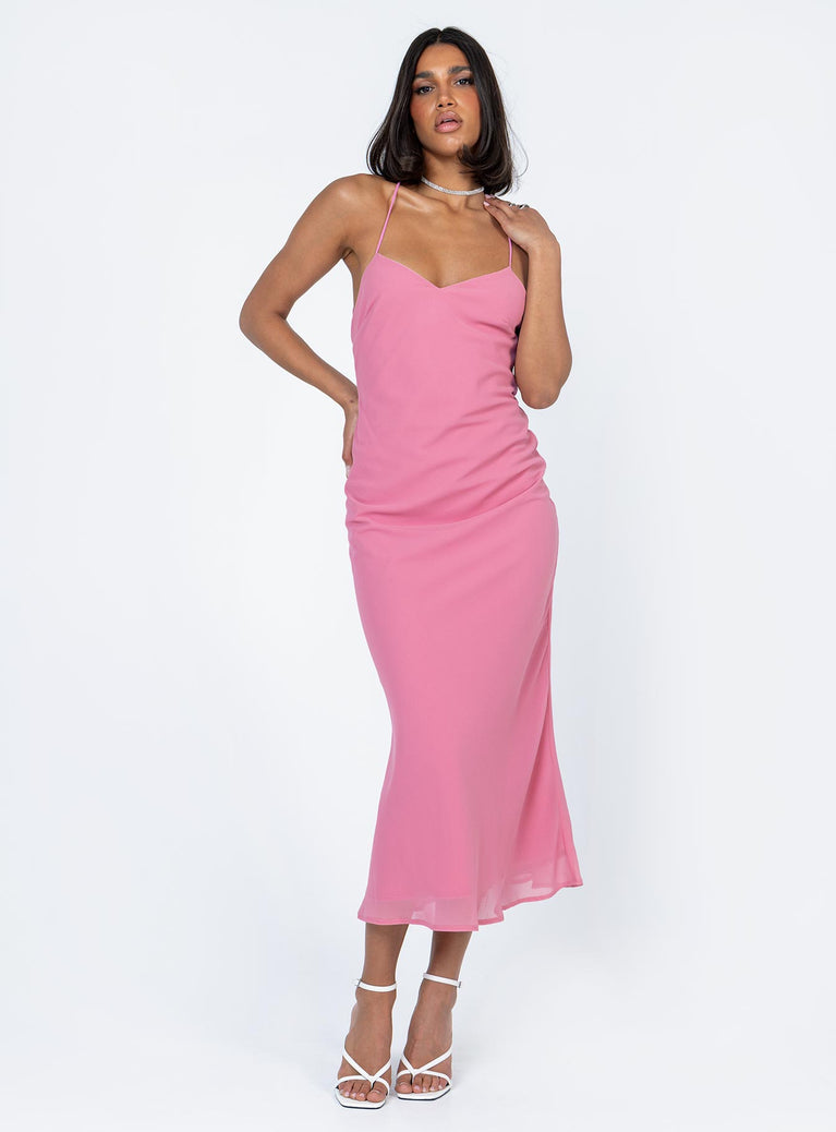 front view of model wearing Princess Polly Trudy Maxi Dress Pink Sweetheart Neckline 