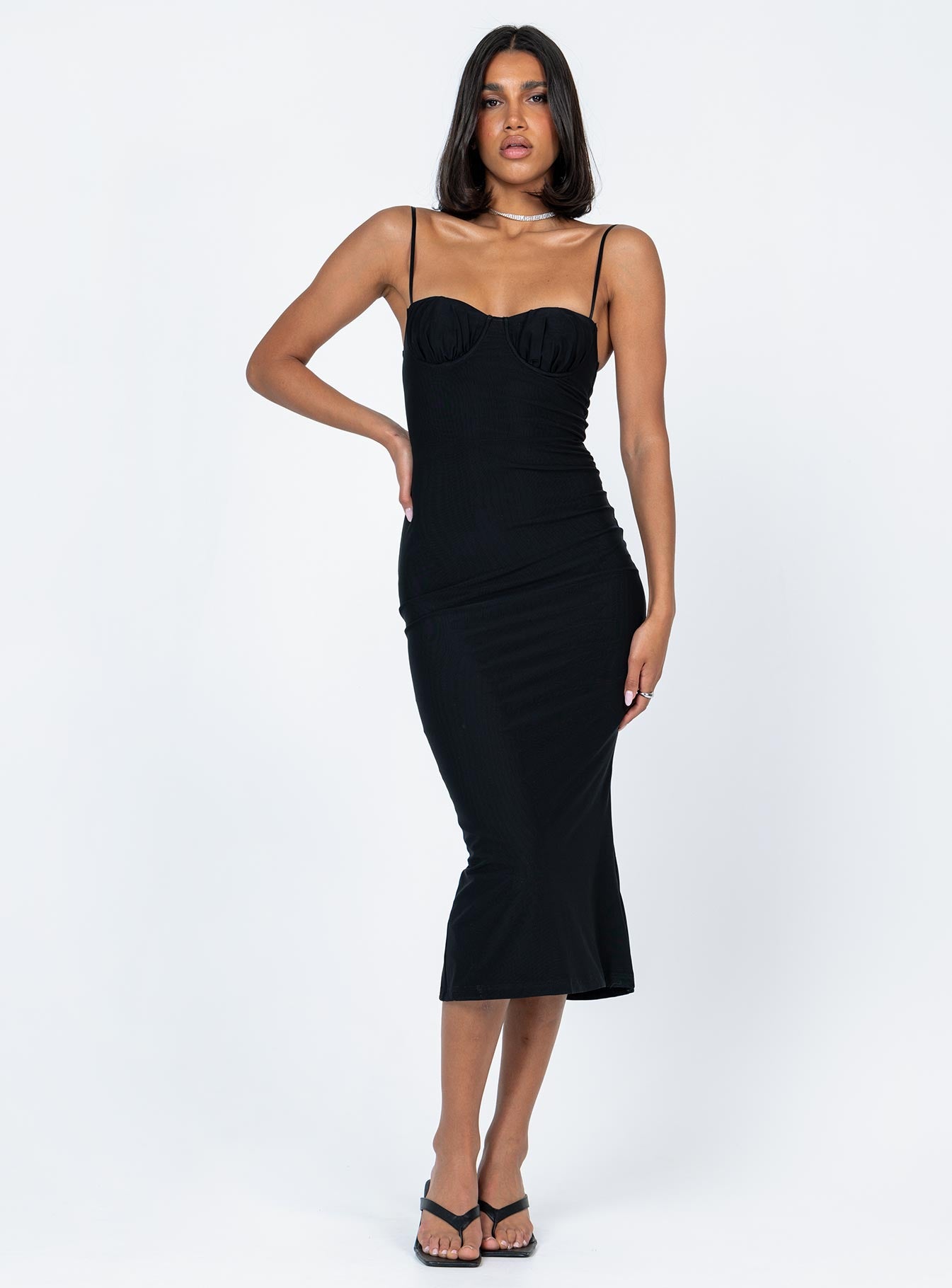 front view of model wearing Princess Polly Fe Midi Dress Black Sweetheart Neckline 