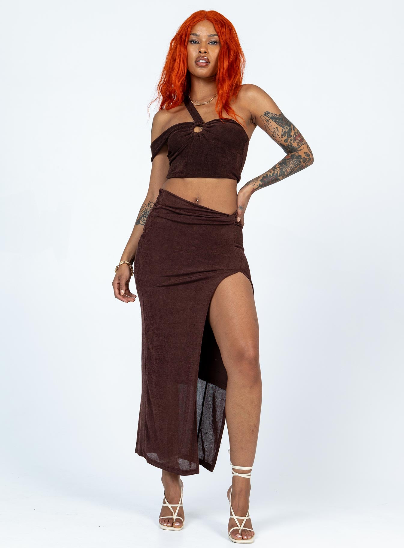   front view of model wearing Princess Polly Paisley Midi Skirt Brown Midi Skirts 