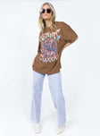 Front view of model wearing  front Princess Polly Full Sleeves Square Neck  Future Classic Oversized Tee Brown