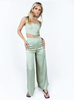 Matching set Silky material  Corset top  Boning through front  Zip fastening at back  High waisted pants  Invisible zip fastening at side  Wide leg 