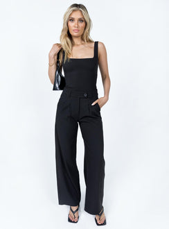 Matching set Longline top  Square neckline  High waisted pants  Zip & button fastening  Belt looped waist  Pleats at waist Twin hip pockets  Wide leg 