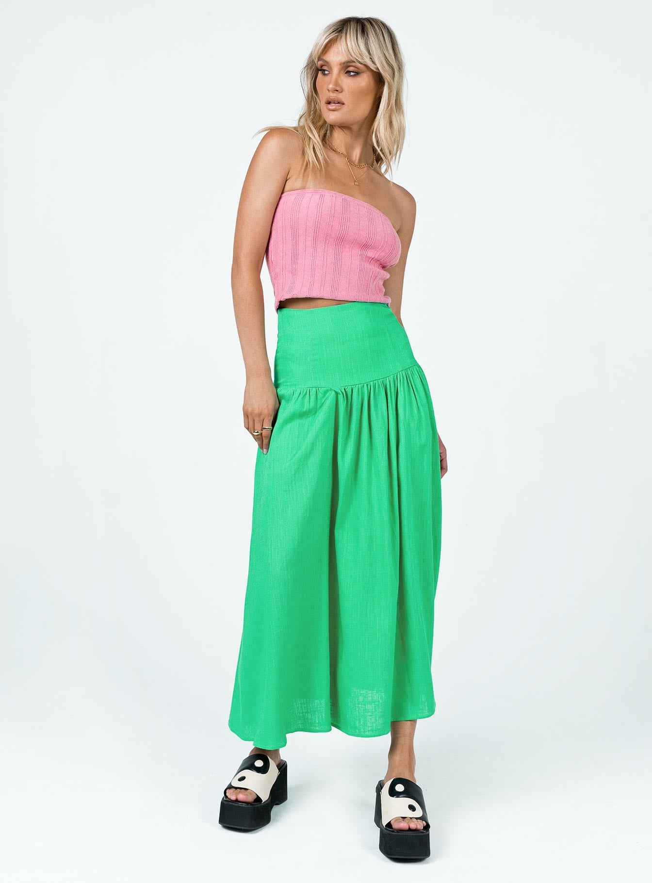   front view of model wearing Princess Polly Carol Maxi Skirt Green 