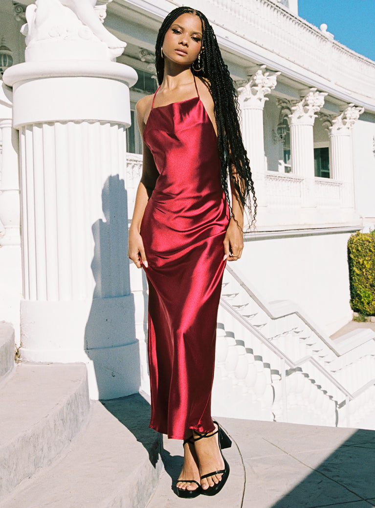 Front view of model wearing  front Princess Polly High Neck  Broughton Halter Maxi Dress Burgundy