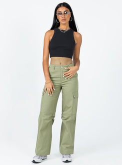 Front view of model wearing  front Princess Polly Low Rise Pants Low Rise Pants Low Rise Pants  Fallout Mid Rise Cargo Pants Green