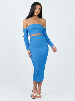 Matching set Ribbed material Long sleeve crop top Off the shoulder design Fixed sleeves at side Midi skirt Elasticated waistband