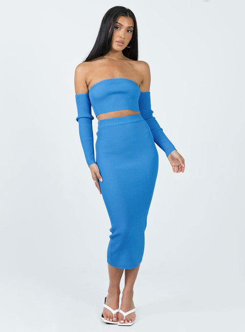 Matching set Ribbed material Long sleeve crop top Off the shoulder design Fixed sleeves at side Midi skirt Elasticated waistband