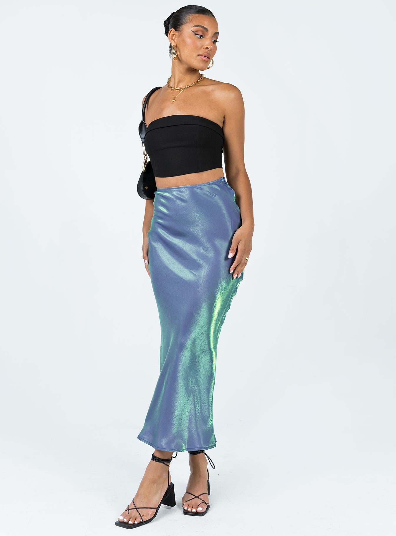 Front view of model wearing  front Tobin Maxi Skirt Mermaid Blue Princess Polly  Maxi 