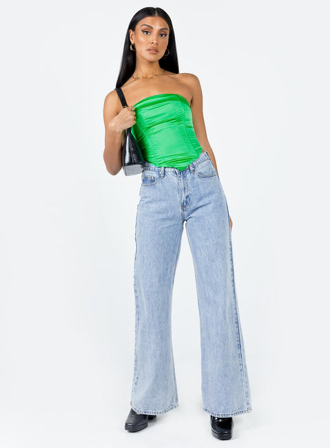 Front view of model wearing  front Princess Polly Sleeveless Square Neck  Daris Strapless Top Green