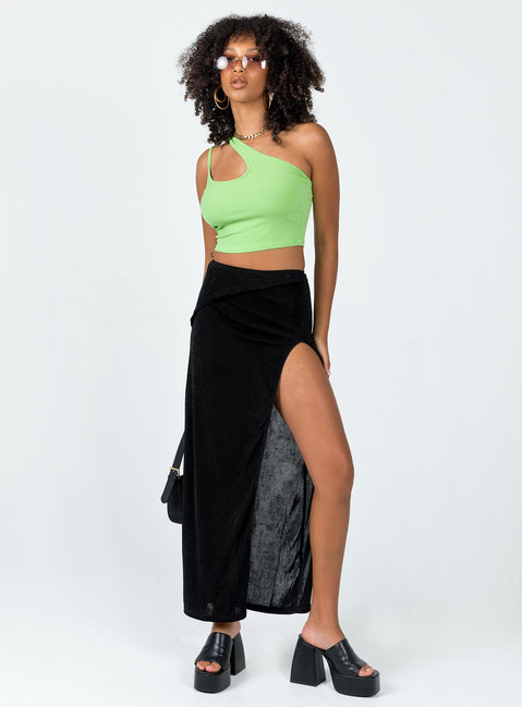 front view of model wearing Princess Polly Hutton Top Green Sleeveless Asymmetric Neckline 