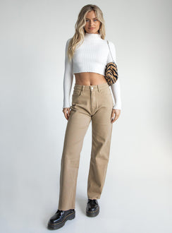 front view of model wearing Princess Polly Elianna Jeans Taupe Mid Rise 