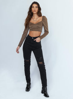 side view of model wearing Princess Polly Alina Long Sleeve Top Brown 