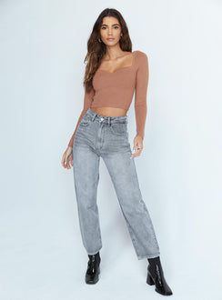 side view of model wearing Princess Polly Alima Long Sleeve Top Brown 