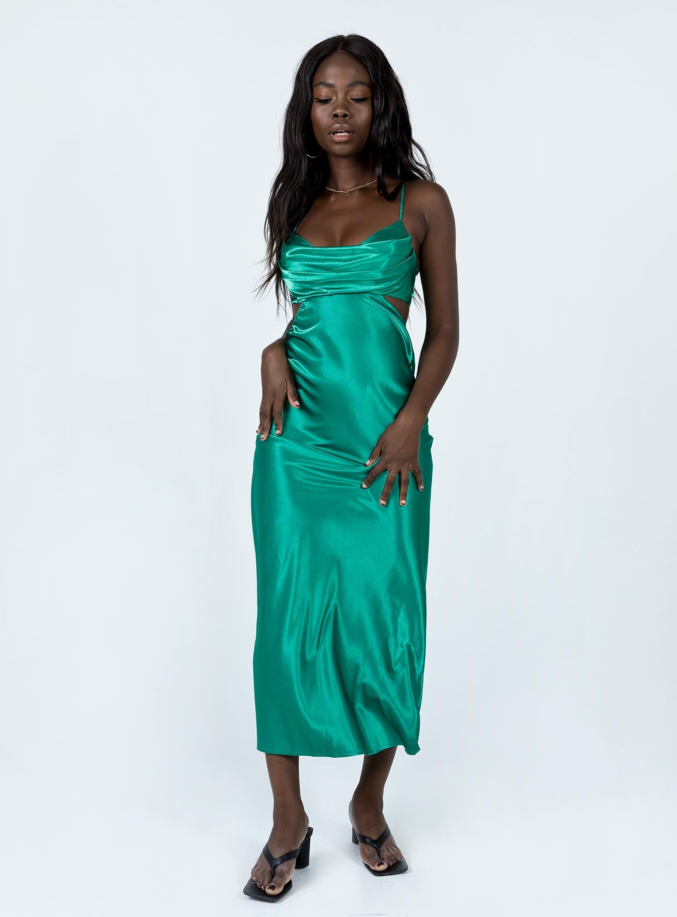 side view of model wearing Princess Polly Giselle Midi Dress Green 