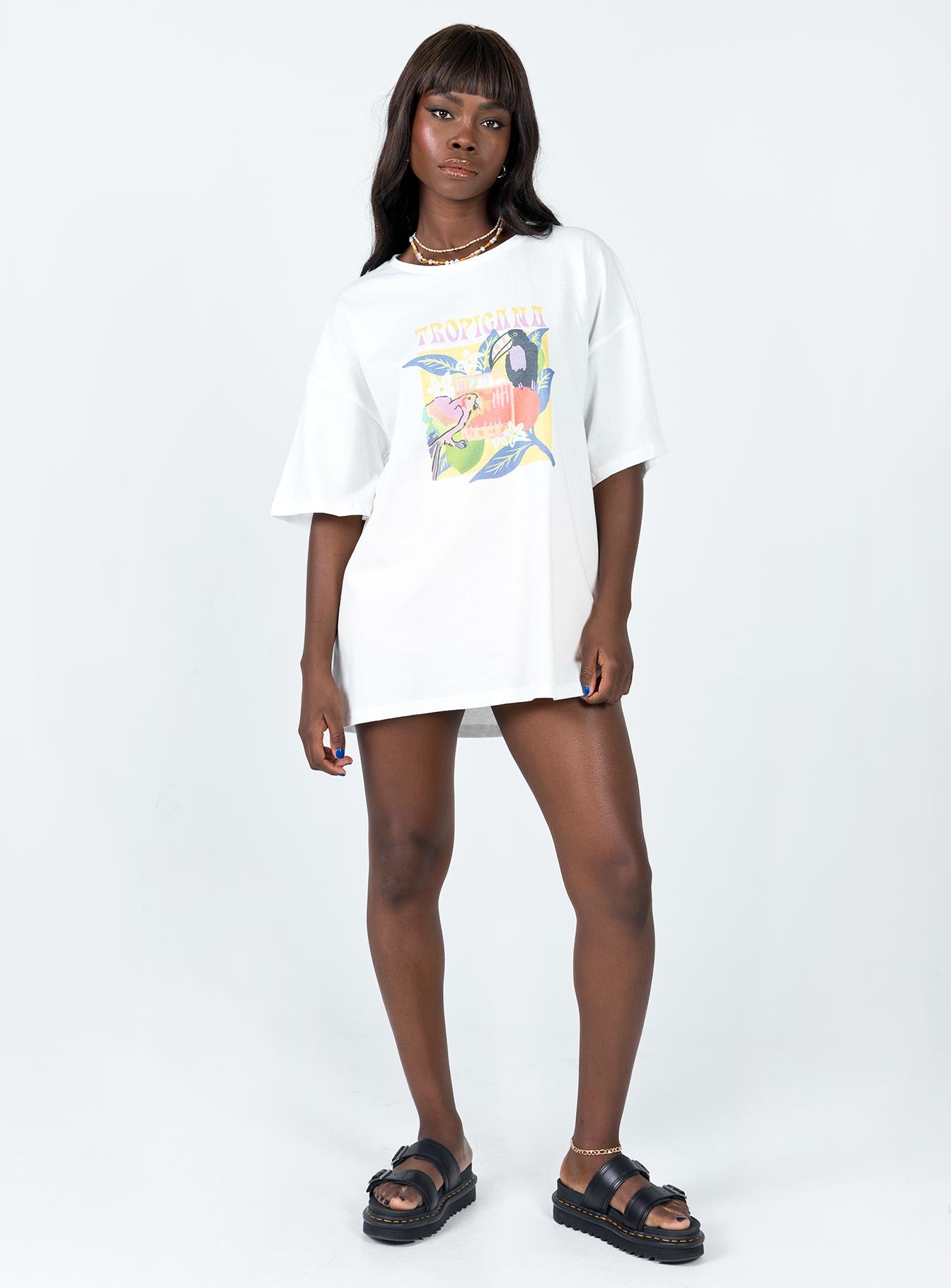 front view of model wearing Princess Polly Tropicana Oversized Tee White 