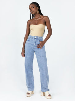 front view of model wearing Princess Polly Aston Strapless Bodysuit Cream Sleeveless Sweetheart 