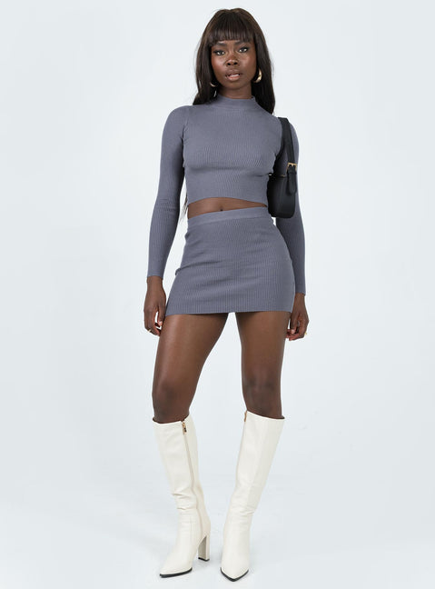 Matching set Ribbed knit material Long sleeve crop High neck Mini skirt