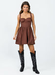 Front view of model wearing  front Princess Polly Scoop Neck  Telka Mini Dress Brown