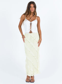Front view of model wearing  front Mullins Bias Cut Maxi Skirt Lemon Princess Polly  Maxi 