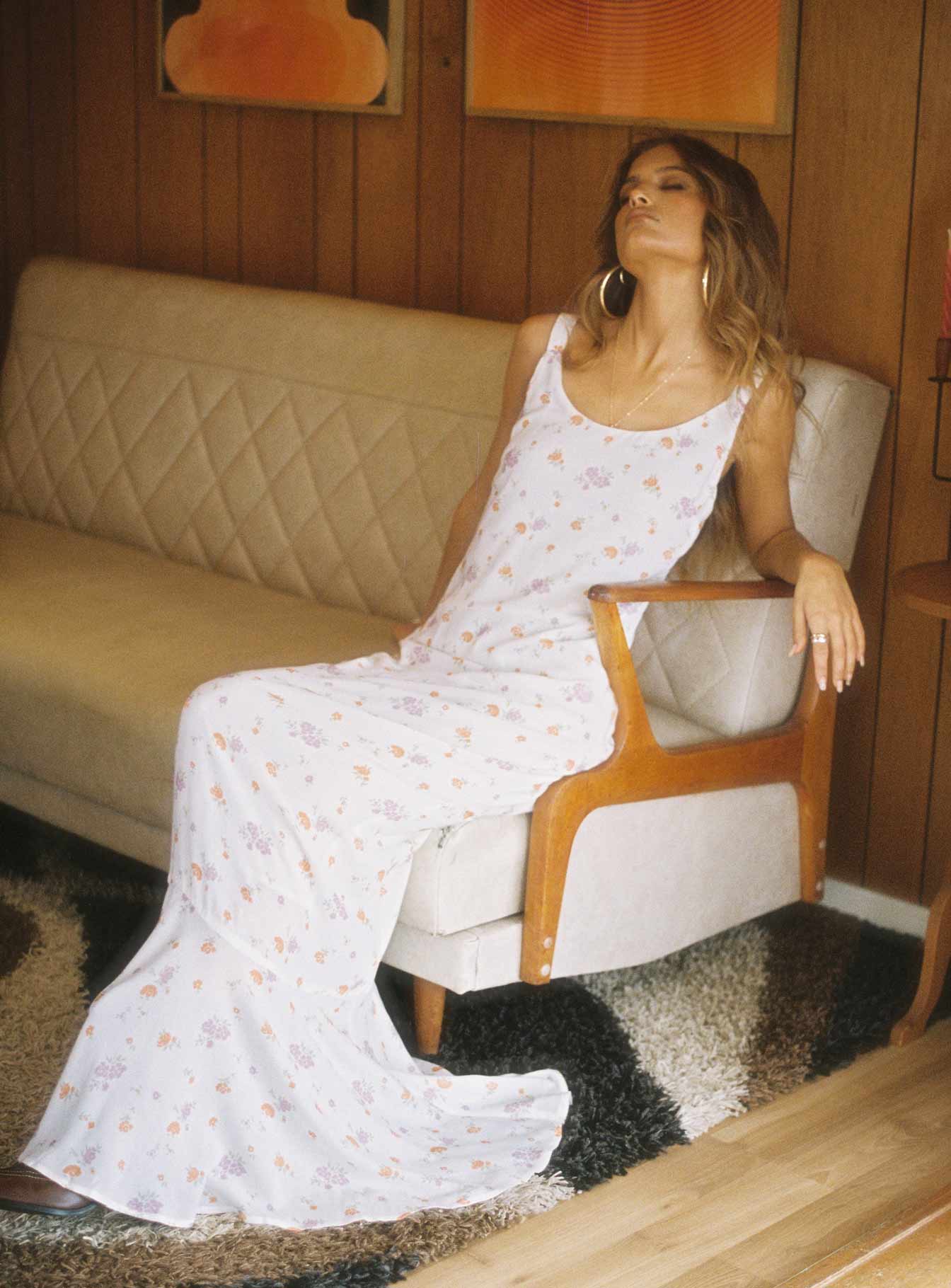 side view of model wearing Princess Polly Curtis Maxi Dress Multi Scoop Neck 