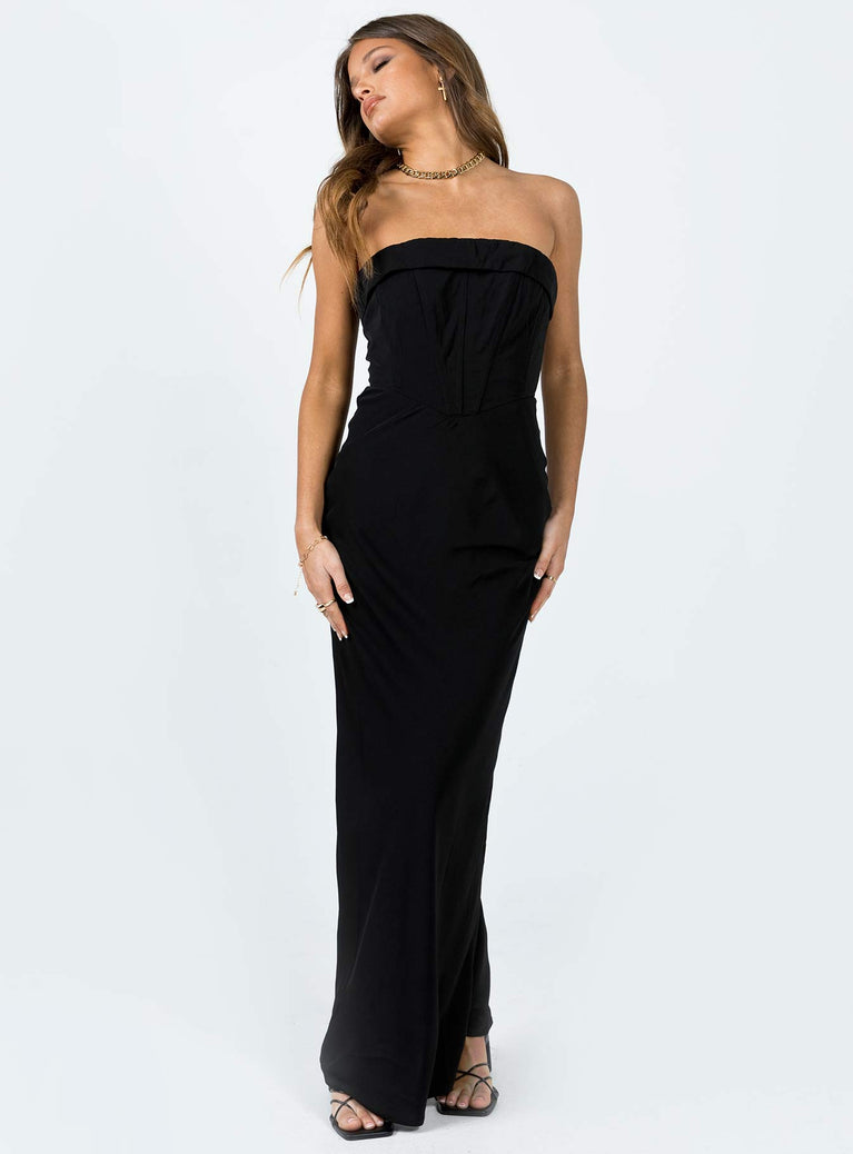 Front view of model wearing  front Princess Polly Asymmetric Neckline  Lana Maxi Dress Black