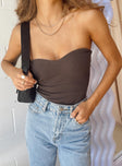 front view of model wearing Princess Polly Organic Aston Strapless Bodysuit Brown Sleeveless Sweetheart 