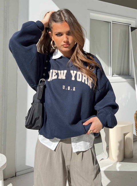front view of model wearing Princess Polly New York Crewneck Sweatshirt Navy regular 
