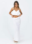 Crop top Muslin look material  Adjustable shoulder straps  Plunging neckline  Ruffle detail