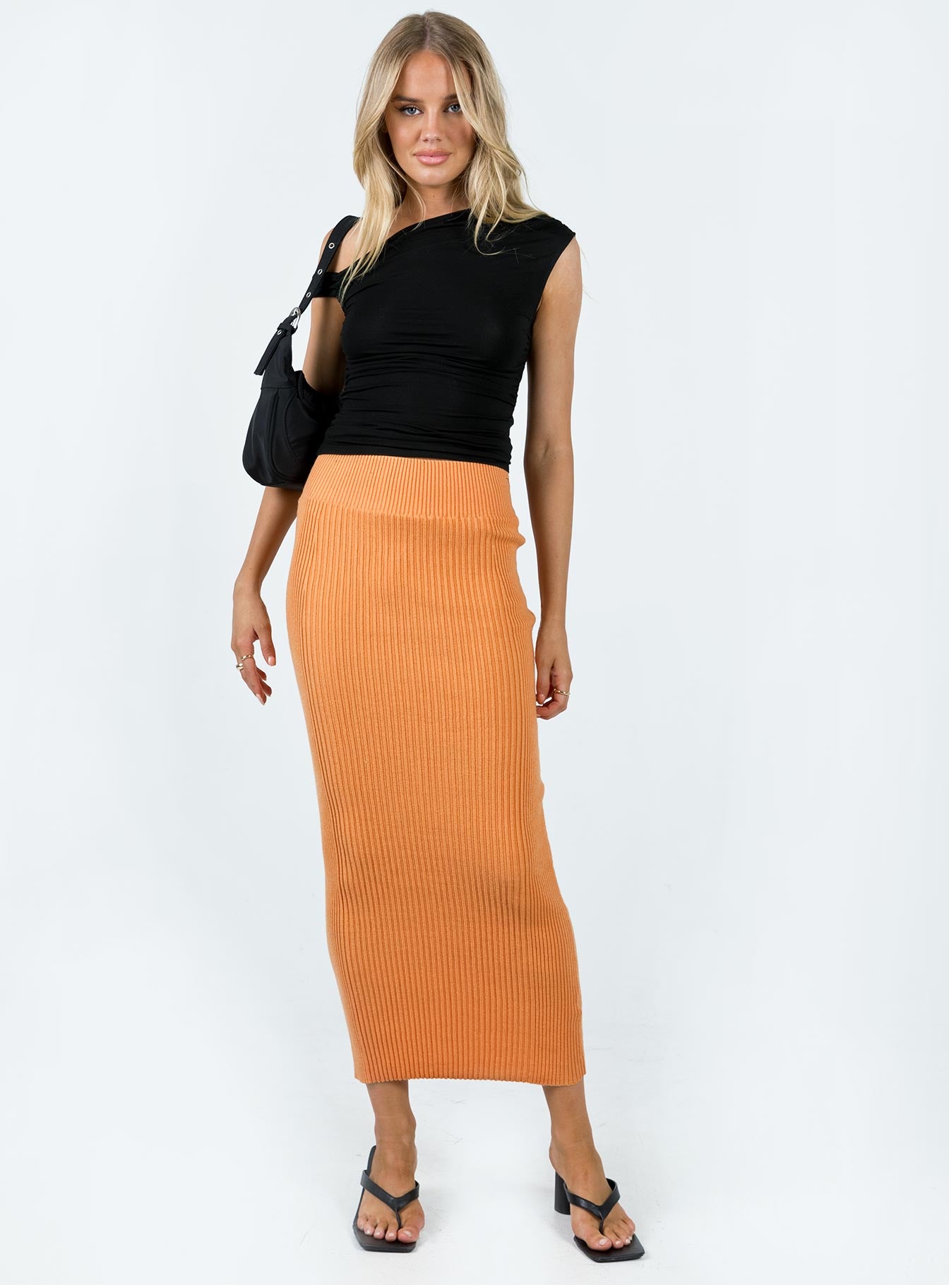 Front view of model wearing  front Regent Low Rise Maxi Skirt Orange Princess Polly  Midi Skirts 