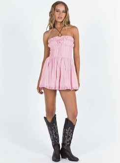 Pink playsuit Lace details Ruffle neckline Adjustable tie at neckline Shirred back Twin hip pockets Non-stretch Fully lined