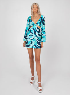 front view of model wearing Princess Polly Dominique Mini Dress Blue Multi 