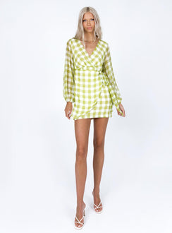 front view of model wearing Princess Polly Sylas Mini Dress Green / White 