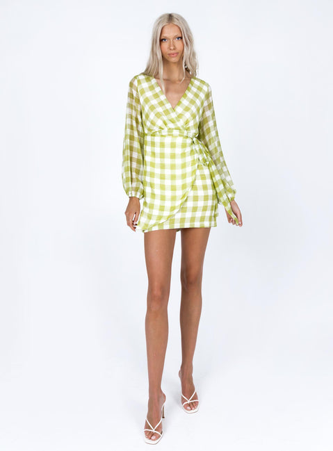 front view of model wearing Princess Polly Sylas Mini Dress Green / White 